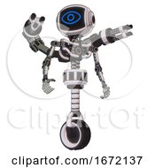Poster, Art Print Of Bot Containing Digital Display Head And Large Eye And Light Chest Exoshielding And Minigun Back Assembly And No Chest Plating And Unicycle Wheel White Halftone Toon Hero Pose
