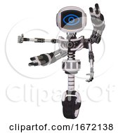 Poster, Art Print Of Bot Containing Digital Display Head And Large Eye And Light Chest Exoshielding And Minigun Back Assembly And No Chest Plating And Unicycle Wheel White Halftone Toon