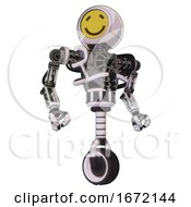 Poster, Art Print Of Cyborg Containing Round Head Yellow Happy Face And Heavy Upper Chest And No Chest Plating And Unicycle Wheel White Halftone Toon Hero Pose
