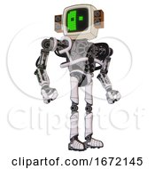 Poster, Art Print Of Automaton Containing Old Computer Monitor And Abstract Mask Pixel Face And Old Retro Speakers And Heavy Upper Chest And No Chest Plating And Ultralight Foot Exosuit White Halftone Toon Hero Pose