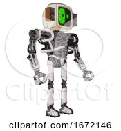 Poster, Art Print Of Automaton Containing Old Computer Monitor And Abstract Mask Pixel Face And Old Retro Speakers And Heavy Upper Chest And No Chest Plating And Ultralight Foot Exosuit White Halftone Toon