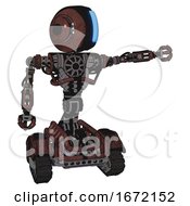 Poster, Art Print Of Automaton Containing Round Head And Large Vertical Visor And Head Light Gadgets And Heavy Upper Chest And No Chest Plating And Tank Tracks Steampunk Copper Pointing Left Or Pushing A Button