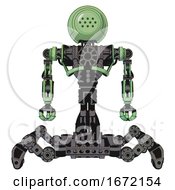 Poster, Art Print Of Bot Containing Dots Array Face And Heavy Upper Chest And No Chest Plating And Insect Walker Legs Green Tint Toon Front View