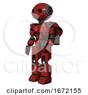Poster, Art Print Of Bot Containing Oval Wide Head And Steampunk Iron Bands With Bolts And Light Chest Exoshielding And Red Chest Button And Rocket Pack And Prototype Exoplate Legs Cherry Tomato Red Facing Right View