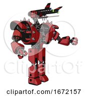 Poster, Art Print Of Automaton Containing Dual Retro Camera Head And Communications Array Head And Heavy Upper Chest And Heavy Mech Chest And Shoulder Spikes And Prototype Exoplate Legs Primary Red Halftone Interacting