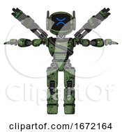 Mech Containing Digital Display Head And Wince Symbol Expression And Winglets And Light Chest Exoshielding And Rubber Chain Sash And Minigun Back Assembly And Prototype Exoplate Legs