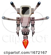 Poster, Art Print Of Bot Containing Old Computer Monitor And Old Retro Speakers And Light Chest Exoshielding And Prototype Exoplate Chest And Blue-Eye Cam Cable Tentacles And Jet Propulsion Powder Pink Metal Front View