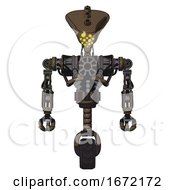 Poster, Art Print Of Cyborg Containing Flat Elongated Skull Head And Heavy Upper Chest And No Chest Plating And Unicycle Wheel Light Brown Halftone Front View