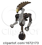 Poster, Art Print Of Cyborg Containing Flat Elongated Skull Head And Heavy Upper Chest And No Chest Plating And Unicycle Wheel Light Brown Halftone Facing Right View