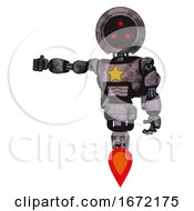 Poster, Art Print Of Automaton Containing Three Led Eyes Round Head And Light Chest Exoshielding And Yellow Star And Rocket Pack And Jet Propulsion Sketch Pad Cloudy Smudges Arm Out Holding Invisible Object