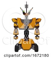 Poster, Art Print Of Android Containing Dual Retro Camera Head And Communications Array Head And Heavy Upper Chest And Heavy Mech Chest And Six-Wheeler Base Primary Yellow Halftone Front View