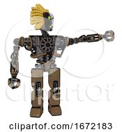 Poster, Art Print Of Mech Containing Humanoid Face Mask And Two-Face Black White Mask And Heavy Upper Chest And No Chest Plating And Prototype Exoplate Legs Old Copper Pointing Left Or Pushing A Button