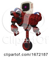 Automaton Containing Old Computer Monitor And Magenta Symbol Display And Red Buttons And Heavy Upper Chest And Heavy Mech Chest And Battle Mech Chest And Unicycle Wheel Grunge Dots Cherry Tomato Red