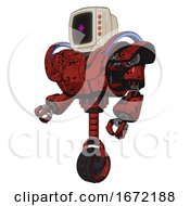 Poster, Art Print Of Automaton Containing Old Computer Monitor And Magenta Symbol Display And Red Buttons And Heavy Upper Chest And Heavy Mech Chest And Battle Mech Chest And Unicycle Wheel Grunge Dots Cherry Tomato Red