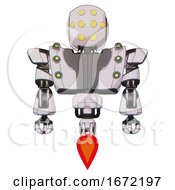 Poster, Art Print Of Bot Containing Round Head And Yellow Eyes Array And Heavy Upper Chest And Heavy Mech Chest And Green Cable Sockets Array And Jet Propulsion White Halftone Toon Front View