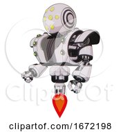 Poster, Art Print Of Bot Containing Round Head And Yellow Eyes Array And Heavy Upper Chest And Heavy Mech Chest And Green Cable Sockets Array And Jet Propulsion White Halftone Toon Facing Right View