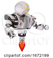 Poster, Art Print Of Bot Containing Round Head And Yellow Eyes Array And Heavy Upper Chest And Heavy Mech Chest And Green Cable Sockets Array And Jet Propulsion White Halftone Toon Interacting