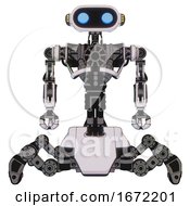 Poster, Art Print Of Robot Containing Dual Retro Camera Head And Cute Retro Robo Head And Yellow Head Leds And Heavy Upper Chest And No Chest Plating And Insect Walker Legs White Halftone Toon Front View