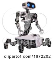 Poster, Art Print Of Robot Containing Dual Retro Camera Head And Cute Retro Robo Head And Yellow Head Leds And Heavy Upper Chest And No Chest Plating And Insect Walker Legs White Halftone Toon Facing Left View