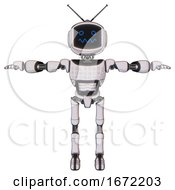 Poster, Art Print Of Automaton Containing Digital Display Head And Stunned Expression And Retro Antennas And Light Chest Exoshielding And Chest Green Blue Lights Array And Ultralight Foot Exosuit White Halftone Toon
