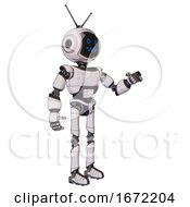 Automaton Containing Digital Display Head And Stunned Expression And Retro Antennas And Light Chest Exoshielding And Chest Green Blue Lights Array And Ultralight Foot Exosuit White Halftone Toon
