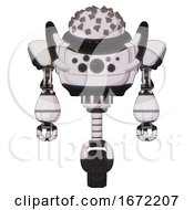 Mech Containing Metal Cubes Dome Head Design And Heavy Upper Chest And Chest Compound Eyes And Unicycle Wheel White Halftone Toon Front View