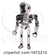 Poster, Art Print Of Cyborg Containing Digital Display Head And Stunned Expression And Eye Lashes Deco And Heavy Upper Chest And No Chest Plating And Ultralight Foot Exosuit White Halftone Toon