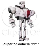Poster, Art Print Of Android Containing Humanoid Face Mask And Skeleton War Paint And Heavy Upper Chest And Red Shield Defense Design And Ultralight Foot Exosuit White Halftone Toon Hero Pose