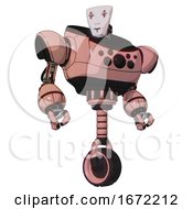 Poster, Art Print Of Cyborg Containing Humanoid Face Mask And Red Clown Marks And Heavy Upper Chest And Chest Compound Eyes And Unicycle Wheel Toon Pink Tint Hero Pose