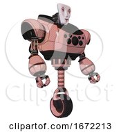 Poster, Art Print Of Cyborg Containing Humanoid Face Mask And Red Clown Marks And Heavy Upper Chest And Chest Compound Eyes And Unicycle Wheel Toon Pink Tint Facing Left View