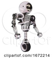 Poster, Art Print Of Bot Containing Round Head Chomper Design And Heavy Upper Chest And No Chest Plating And Unicycle Wheel White Halftone Toon Facing Left View