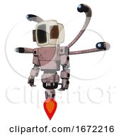 Poster, Art Print Of Bot Containing Old Computer Monitor And Old Retro Speakers And Light Chest Exoshielding And Prototype Exoplate Chest And Blue-Eye Cam Cable Tentacles And Jet Propulsion Powder Pink Metal