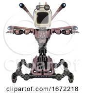 Poster, Art Print Of Cyborg Containing Old Computer Monitor And Old Computer Magnetic Tape And Light Chest Exoshielding And Chest Valve Crank And Blue-Eye Cam Cable Tentacles And Insect Walker Legs Grayish Pink T-Pose