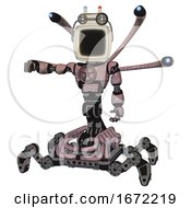 Poster, Art Print Of Cyborg Containing Old Computer Monitor And Old Computer Magnetic Tape And Light Chest Exoshielding And Chest Valve Crank And Blue-Eye Cam Cable Tentacles And Insect Walker Legs Grayish Pink