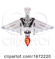 Poster, Art Print Of Mech Containing Humanoid Face Mask And Light Chest Exoshielding And Cherub Wings Design And No Chest Plating And Jet Propulsion White Halftone Toon Front View
