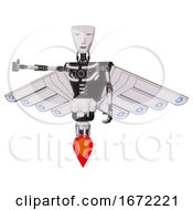 Poster, Art Print Of Mech Containing Humanoid Face Mask And Light Chest Exoshielding And Cherub Wings Design And No Chest Plating And Jet Propulsion White Halftone Toon Arm Out Holding Invisible Object