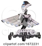 Poster, Art Print Of Droid Containing Flat Elongated Skull Head And Visor And Light Chest Exoshielding And Ultralight Chest Exosuit And Cherub Wings Design And Insect Walker Legs White Halftone Toon Hero Pose