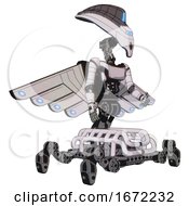 Poster, Art Print Of Droid Containing Flat Elongated Skull Head And Visor And Light Chest Exoshielding And Ultralight Chest Exosuit And Cherub Wings Design And Insect Walker Legs White Halftone Toon Facing Left View