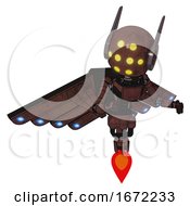 Poster, Art Print Of Android Containing Round Head And Yellow Eyes Array And Head Winglets And Light Chest Exoshielding And Ultralight Chest Exosuit And Cherub Wings Design And Jet Propulsion Steampunk Copper