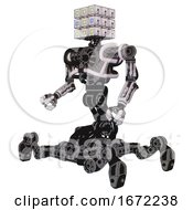 Poster, Art Print Of Cyborg Containing Dual Retro Camera Head And Cube Array Head And Heavy Upper Chest And No Chest Plating And Insect Walker Legs White Halftone Toon Facing Right View