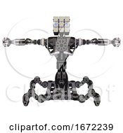 Poster, Art Print Of Cyborg Containing Dual Retro Camera Head And Cube Array Head And Heavy Upper Chest And No Chest Plating And Insect Walker Legs White Halftone Toon T-Pose