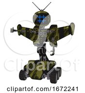 Mech Containing Digital Display Head And Hashtag Face And Retro Antennas And Light Chest Exoshielding And Stellar Jet Wing Rocket Pack And No Chest Plating And Six Wheeler Base Grunge Army Green