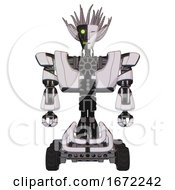 Automaton Containing Humanoid Face Mask And Two Face Black White Mask And Heavy Upper Chest And Heavy Mech Chest And Six Wheeler Base White Halftone Toon Front View