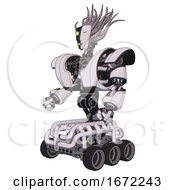 Automaton Containing Humanoid Face Mask And Two Face Black White Mask And Heavy Upper Chest And Heavy Mech Chest And Six Wheeler Base White Halftone Toon Facing Right View