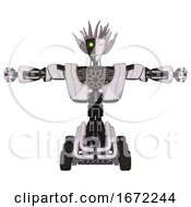 Poster, Art Print Of Automaton Containing Humanoid Face Mask And Two-Face Black White Mask And Heavy Upper Chest And Heavy Mech Chest And Six-Wheeler Base White Halftone Toon T-Pose