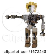 Poster, Art Print Of Mech Containing Humanoid Face Mask And Two-Face Black White Mask And Heavy Upper Chest And No Chest Plating And Prototype Exoplate Legs Old Copper Arm Out Holding Invisible Object
