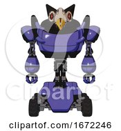 Poster, Art Print Of Robot Containing Bird Skull Head And Red Line Eyes And Robobeak Design And Heavy Upper Chest And Six-Wheeler Base Primary Blue Halftone Front View
