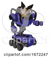 Poster, Art Print Of Robot Containing Bird Skull Head And Red Line Eyes And Robobeak Design And Heavy Upper Chest And Six-Wheeler Base Primary Blue Halftone Fight Or Defense Pose