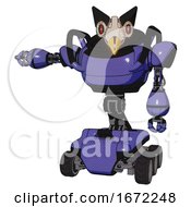 Poster, Art Print Of Robot Containing Bird Skull Head And Red Line Eyes And Robobeak Design And Heavy Upper Chest And Six-Wheeler Base Primary Blue Halftone Arm Out Holding Invisible Object