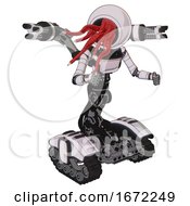 Poster, Art Print Of Mech Containing Bright Red Jellyfish Tentacles Fiber Optic Design And Light Chest Exoshielding And Ultralight Chest Exosuit And Minigun Back Assembly And Tank Tracks White Halftone Toon